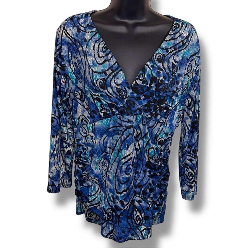 Y2K Medium Investments Blue Blouse Stretch Top Abstract Print 3/4 Length Sleeve